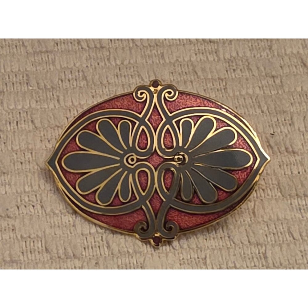 Isle Of Skye Brooch Pin Red & Gold Floral Cloisonne 1.5 Inches Vintage Jewelry